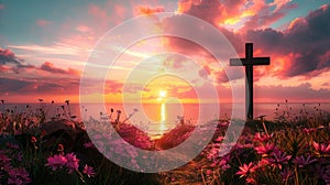 Wooden cross in a field at sunset with dramatic sky