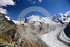 The wooden cross and glacier at Gornergrat station in summer, Z