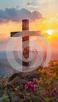 A wooden cross is on a hillside with a beautiful sunset in the background