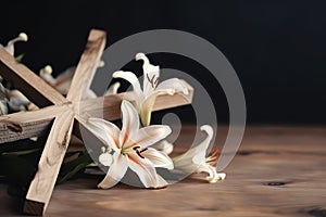 Wooden cross, Holy Bible and white lily on table. Generative AI