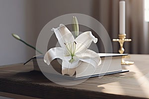 Wooden cross, Holy Bible and white lily on table. Generative AI