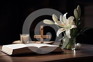 Wooden cross, Holy Bible and white lily on table. Generative AI