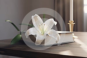 Wooden cross, Holy Bible and white lily on table. Generative AI