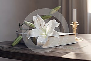 Wooden cross, Holy Bible and white lily on table. Generative AI