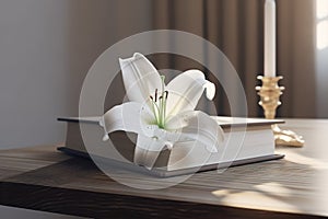 Wooden cross, Holy Bible and white lily on table. Generative AI