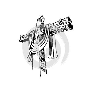 The wooden cross of the Lord Jesus Christ and drapery