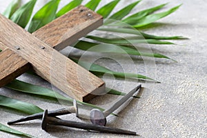 Wooden cross and old nails on palm branch. Palm Sunday religious concept