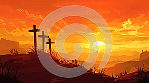 Wooden cross over orange sunrise sky background. Christian concept