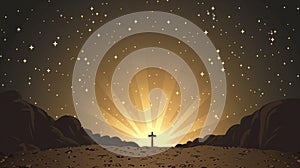 Wooden cross over space sky background. Christian concept