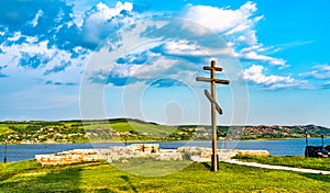 Wooden cross overlooking the Volga River in Sviyazhsk, Russia