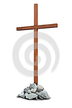 Wooden cross with pile of stones isolated on white