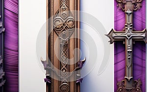 a wooden cross on a purple background photo