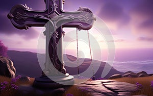 a wooden cross on a purple background photo