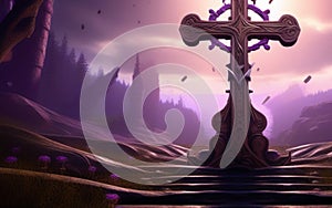 a wooden cross on a purple background photo