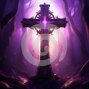 a wooden cross on a purple background photo