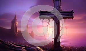 a wooden cross on a purple background photo