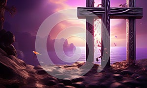 a wooden cross on a purple background photo