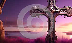 a wooden cross on a purple background photo