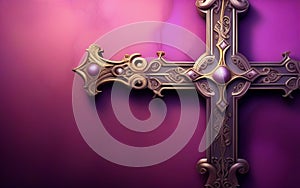 a wooden cross on a purple background photo