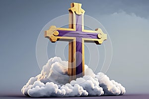 Wooden cross with purple sash on clouds background. Ultra High Realistic. ultra high resolution, Isolated on White Background.