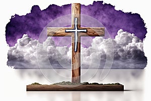 Wooden cross with purple sash on clouds background. Ultra High Realistic. ultra high resolution, Isolated on White Background.