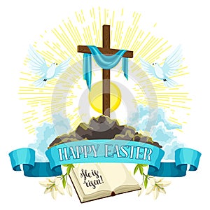 Wooden cross with shroud, bible and doves. Happy Easter concept illustration or greeting card. Religious symbols of