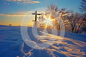 Wooden cross stands in the desert, rays of sunlight. Generative AI