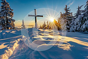 Wooden cross stands in the desert, rays of sunlight. Generative AI