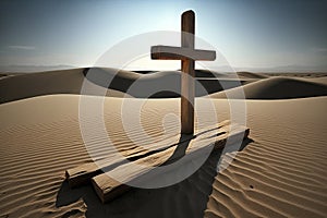 Wooden cross stands in the desert