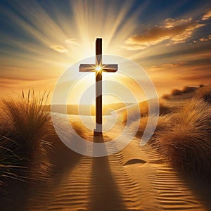 Wooden cross stands in the rays of
