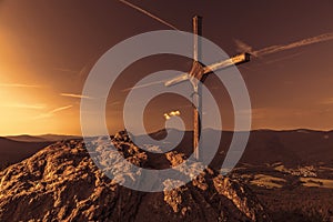 Wooden cross on the summit of a mountain Grosser Osser in National park Bavarian forest