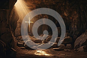 Wooden cross in sunlight in dark cave. Crucifixion and resurrection. Religion and Easter concept