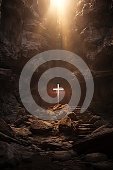 Wooden cross in sunlight in dark cave. Crucifixion and resurrection. Religion and Easter concept