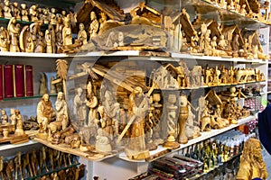 Wooden crosses, pictures of Jesus, Mary and other Saints, and religious articles. Souvenir shop on the streets of the