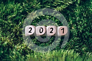 Wooden cube 2021 on green grass, moss background. New year holiday. Top view. Copy space. Ecology, zero waste concept