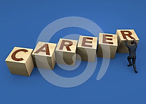 Wooden cube block on blue background with word career. Business career planning growth to success con