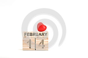 Wooden cube calendar with 14th february date and red heart, Valentime`s day concept