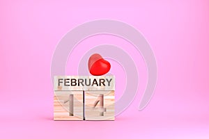 Wooden cube calendar with 14th february date and red heart, Valentime`s day concept