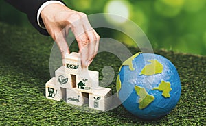 Wooden cube with eco symbol and paper globe on fertile soil background. Alter