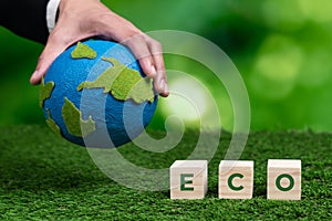 Wooden cube with eco symbol and paper globe on fertile soil background. Alter