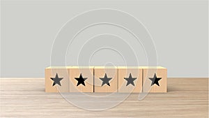 Wooden cube five black star review on white background. Service rating, satisfaction concept. reviews and comments google maps,