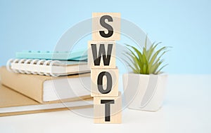wooden cube with swot text. Strength Weakness Opportunity Threat