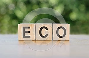 Wooden cubes build the word ECO on a green forest background. Green environment concept