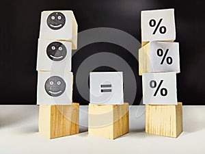 Wooden cubes in a column and a row with white signs with a smiley sign, an arrow, a percentage. The concept of