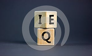 Wooden cubes with the expression `IQ` `Intelligence Quotient` to `EQ` `Emotional Quotient`. Beautiful grey background. Cop