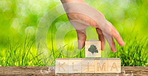 Wooden cubes with the German inscription Climate and a tree as a sysmbol