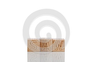 Wooden cubes with letters saw on a white background