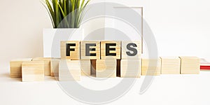 Wooden cubes with letters on a white table. The word is FEES. White background