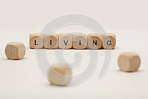 Wooden cubes with letters. the word living is displayed, abstract illustration