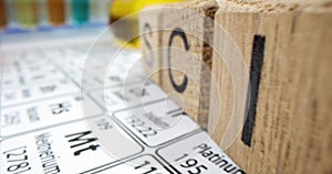 Wooden cubes neatly organized on desk creating word SCIENCE